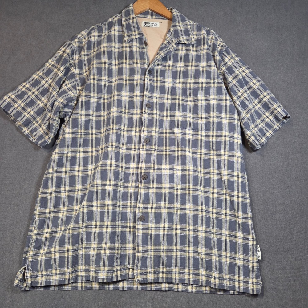 Bugle Boy Button Down Shirt Mens XL Blue Yellow Plaid Short Sleeve Casual Pocket